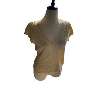 New York & Company Womens V-Neck Cable Knit Short Sleeve Sweater Large Yellow Ac